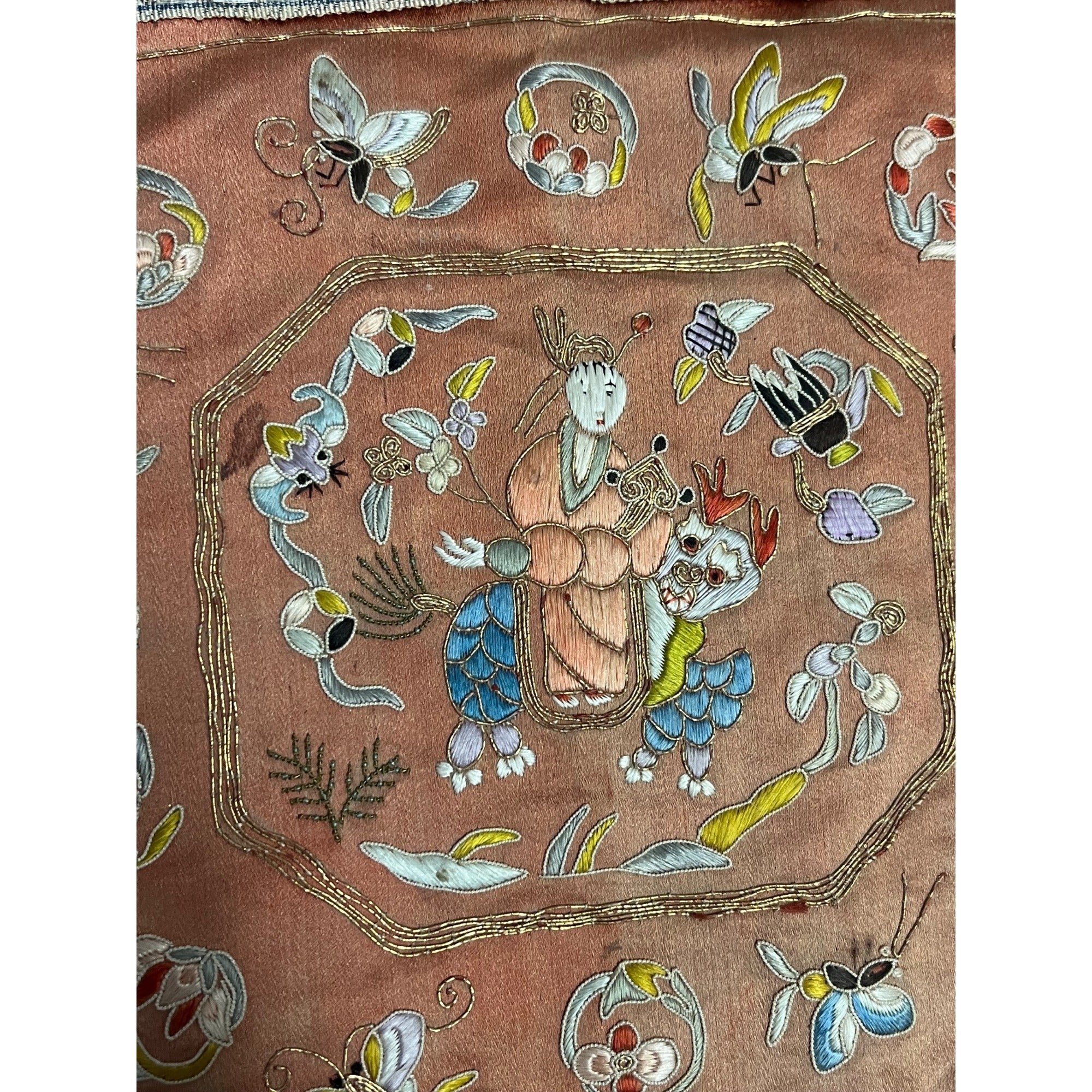 Antique Chinese Embroidered Silk Textile Qilin Butterfly Panel Qing Republic