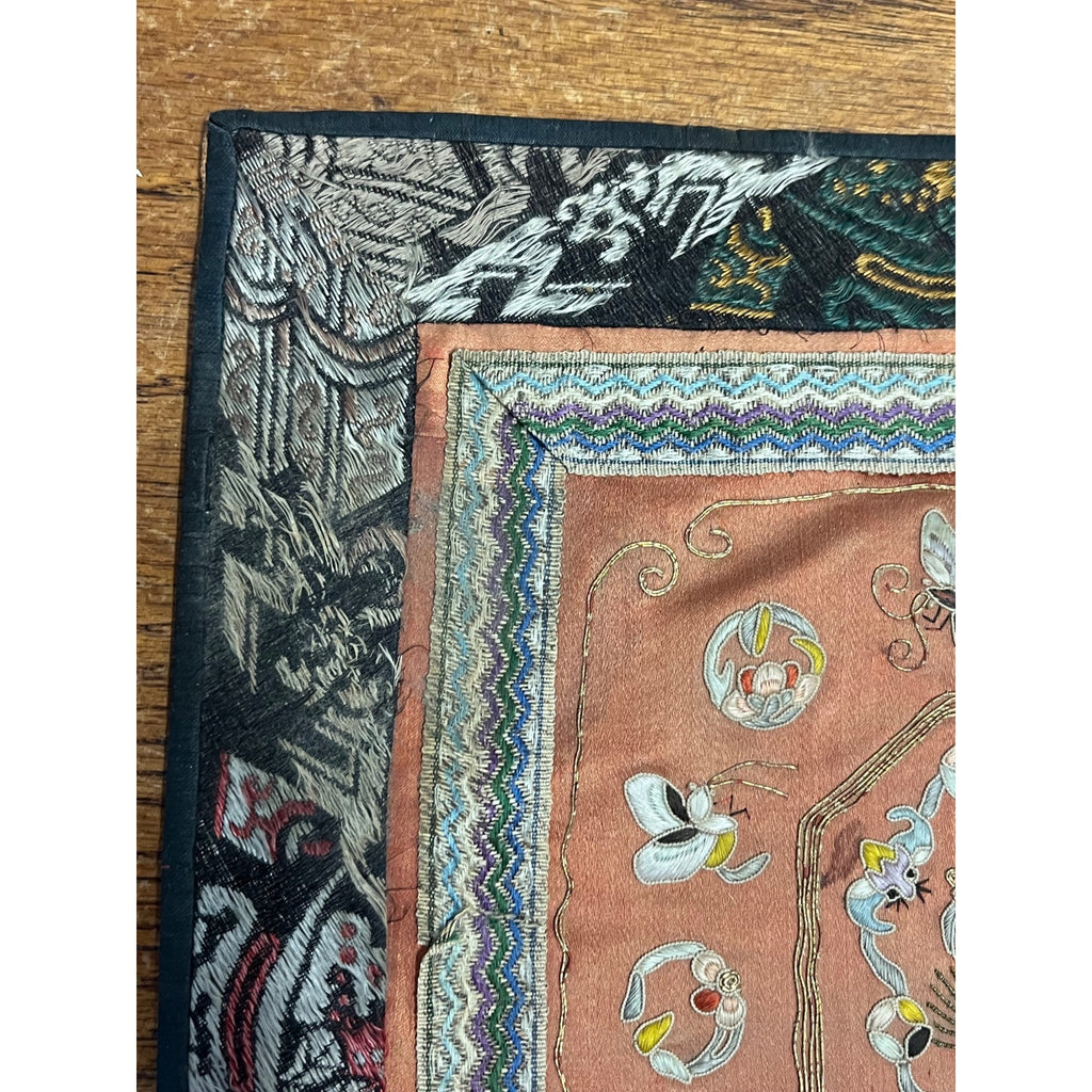 Antique Chinese Embroidered Silk Textile Qilin Butterfly Panel Qing Republic