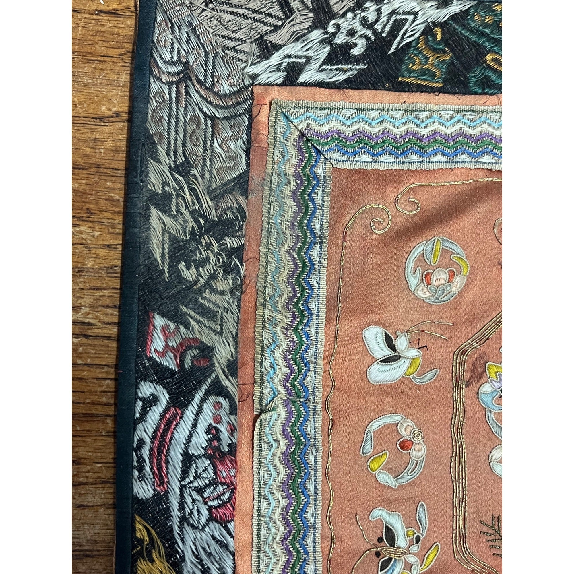Antique Chinese Embroidered Silk Textile Qilin Butterfly Panel Qing Republic