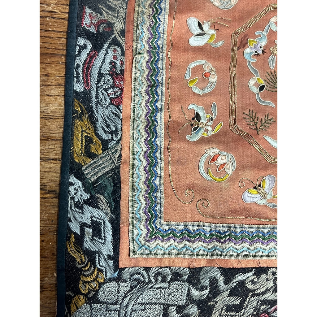 Antique Chinese Embroidered Silk Textile Qilin Butterfly Panel Qing Republic