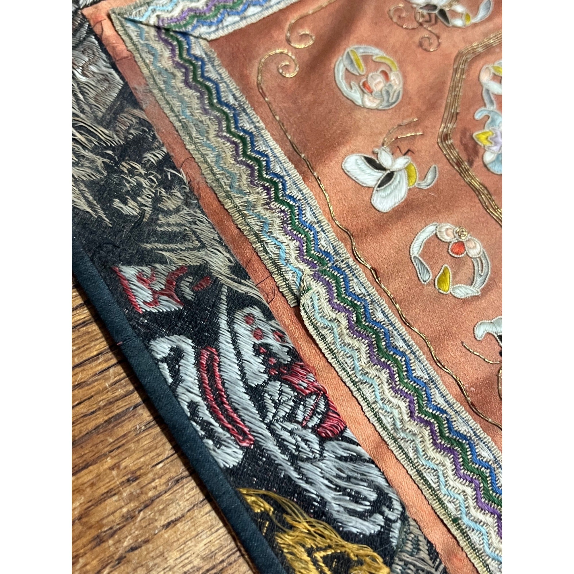 Antique Chinese Embroidered Silk Textile Qilin Butterfly Panel Qing Republic