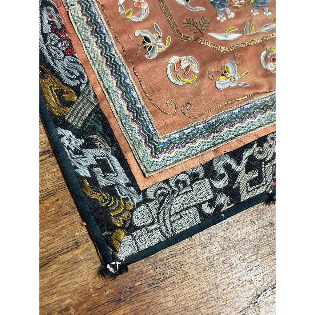 Antique Chinese Embroidered Silk Textile Qilin Butterfly Panel Qing Republic
