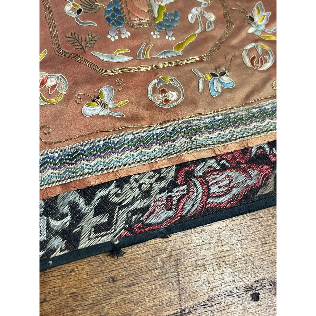 Antique Chinese Embroidered Silk Textile Qilin Butterfly Panel Qing Republic