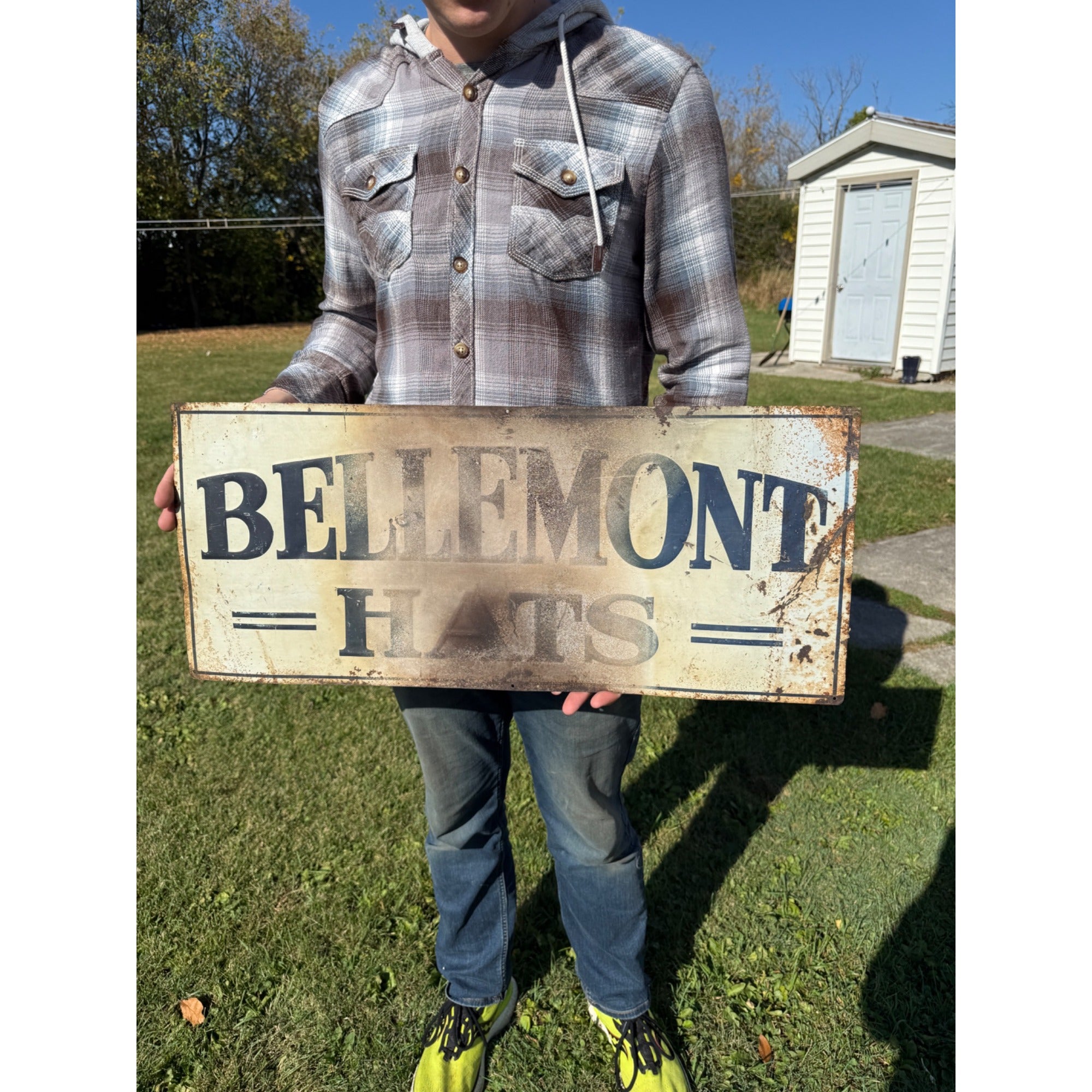 Vintage Early 1900s Bellemont Hats Tin Embossed Advertising Sign Clothing Store