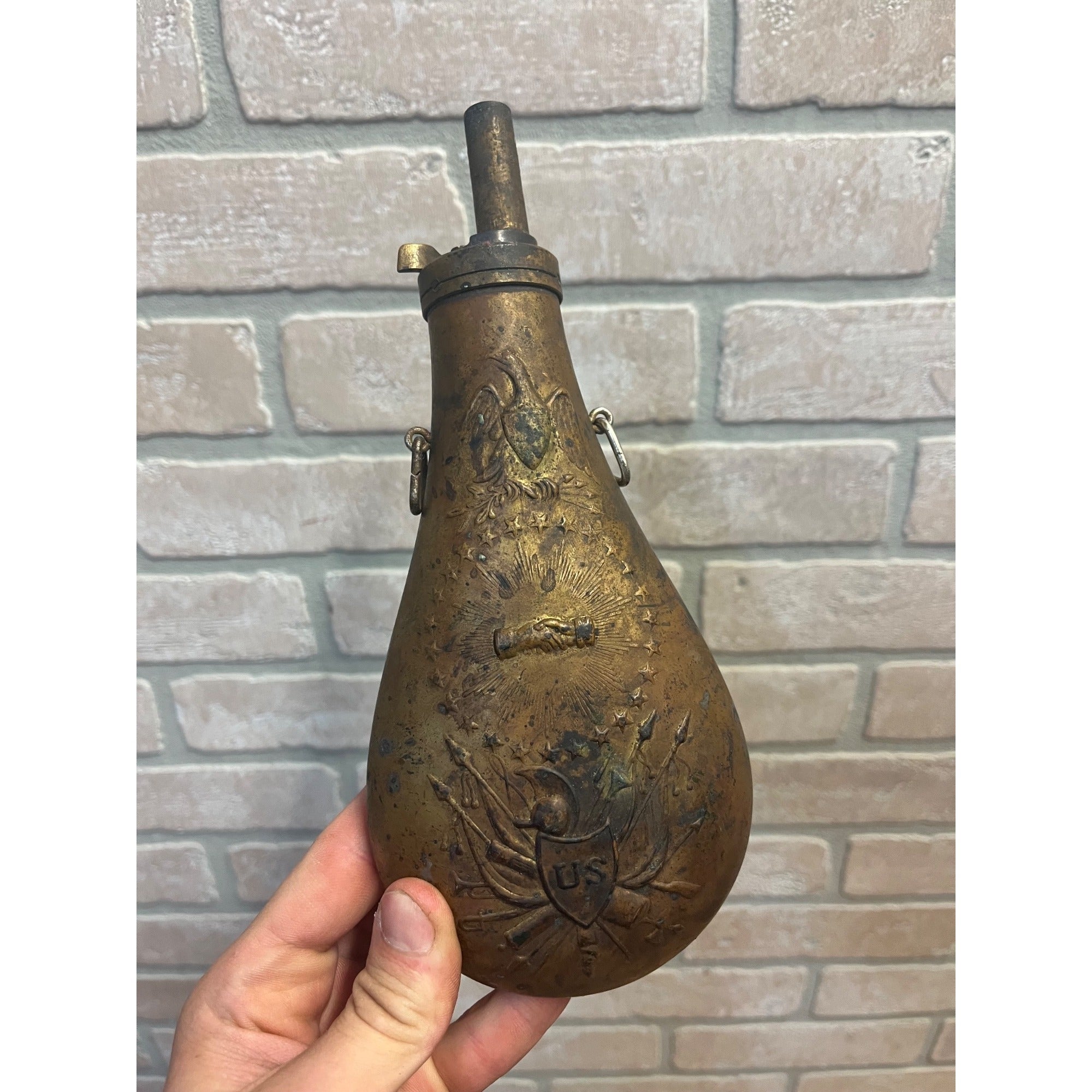 Vintage Reproduction Brass US Eagle Peace Civil War Black Powder Flask Italy