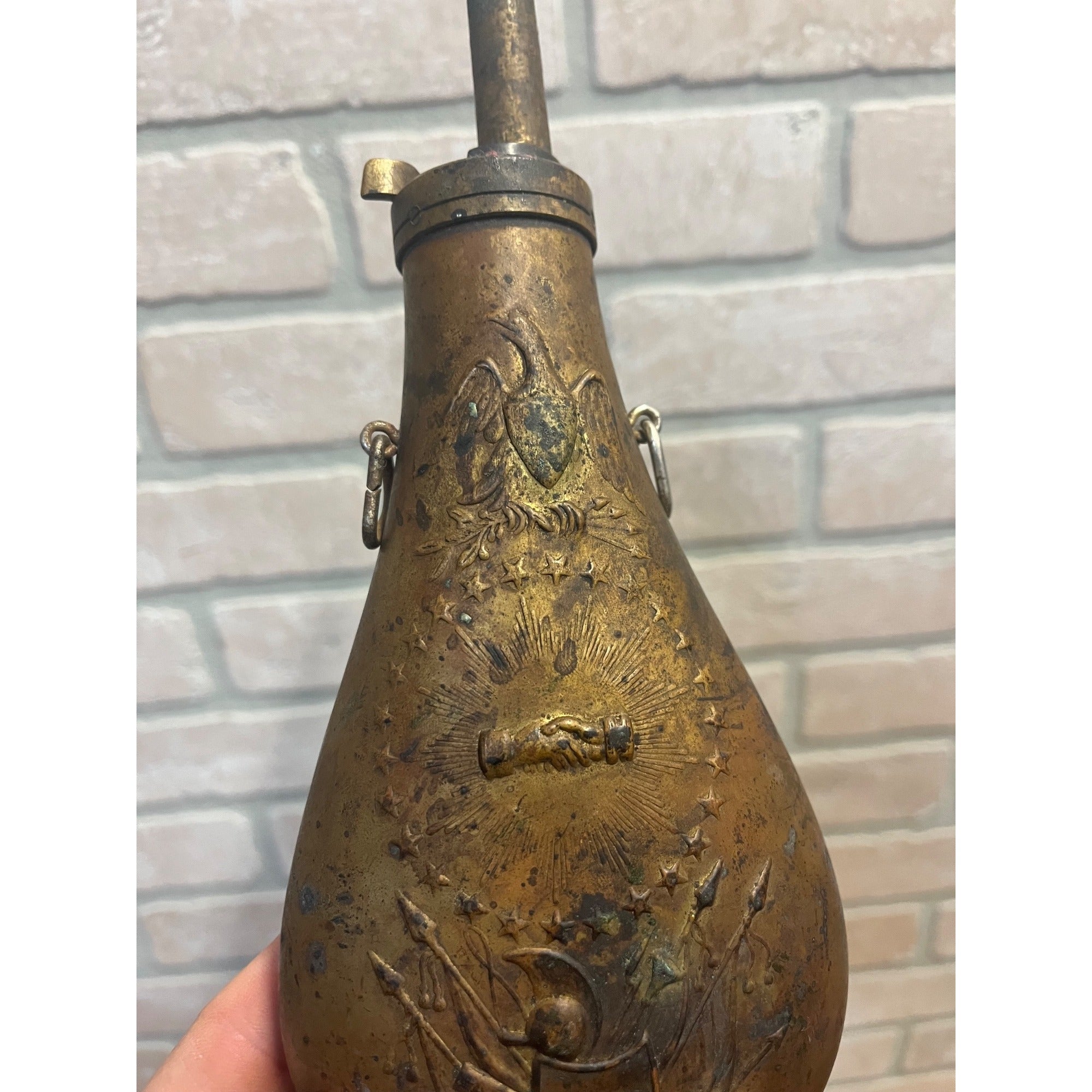 Vintage Reproduction Brass US Eagle Peace Civil War Black Powder Flask Italy