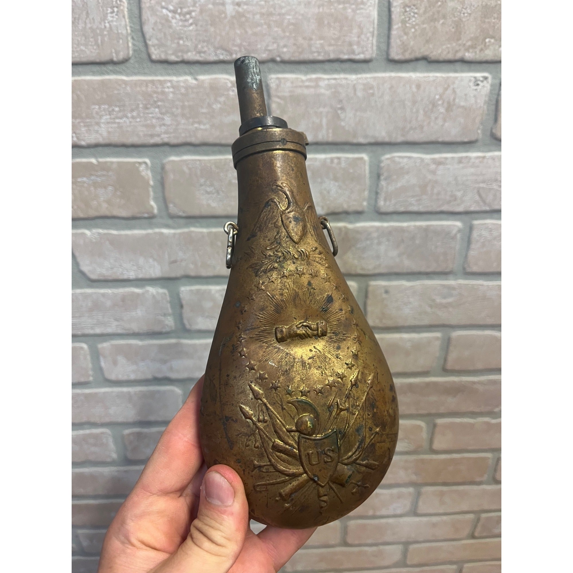 Vintage Reproduction Brass US Eagle Peace Civil War Black Powder Flask Italy