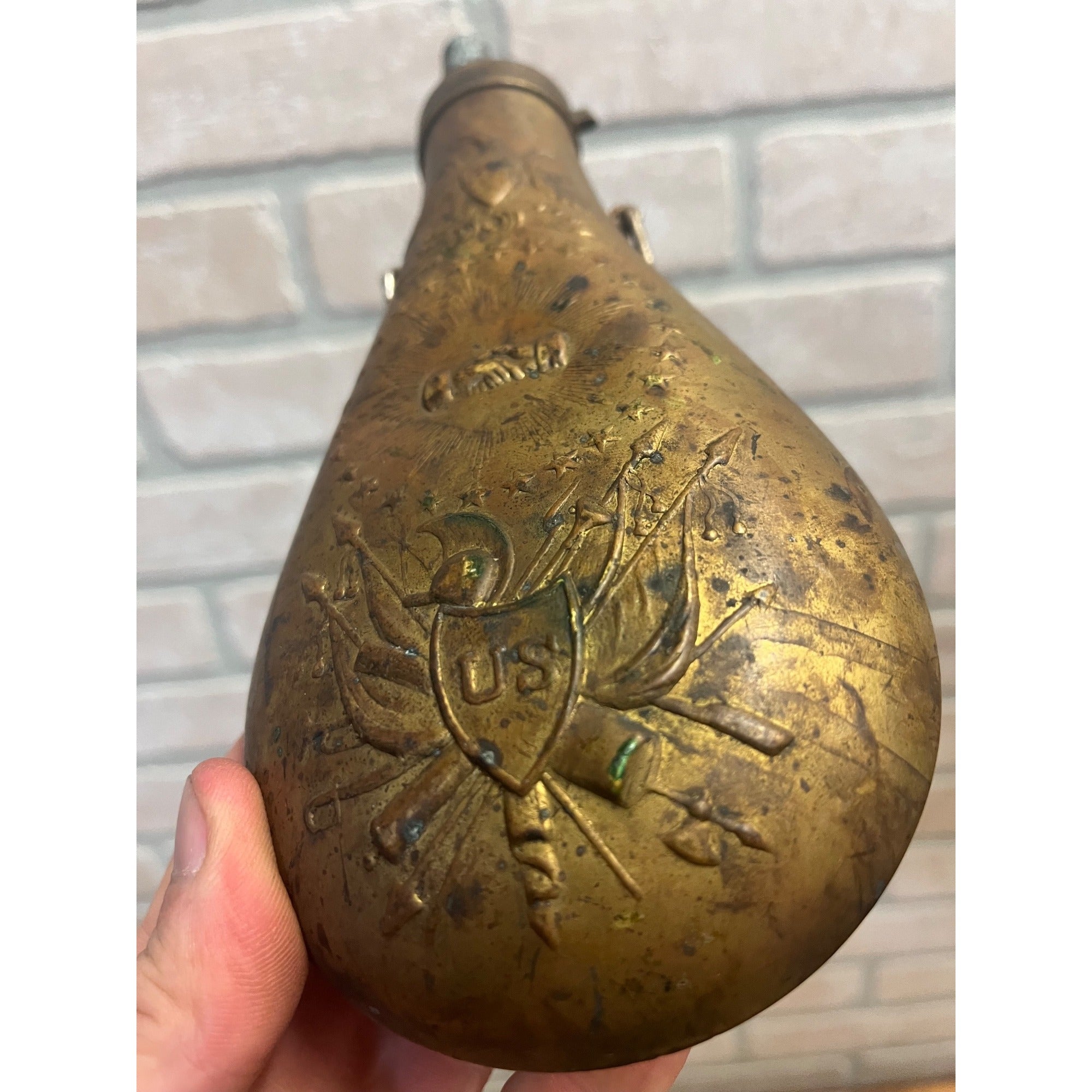 Vintage Reproduction Brass US Eagle Peace Civil War Black Powder Flask Italy