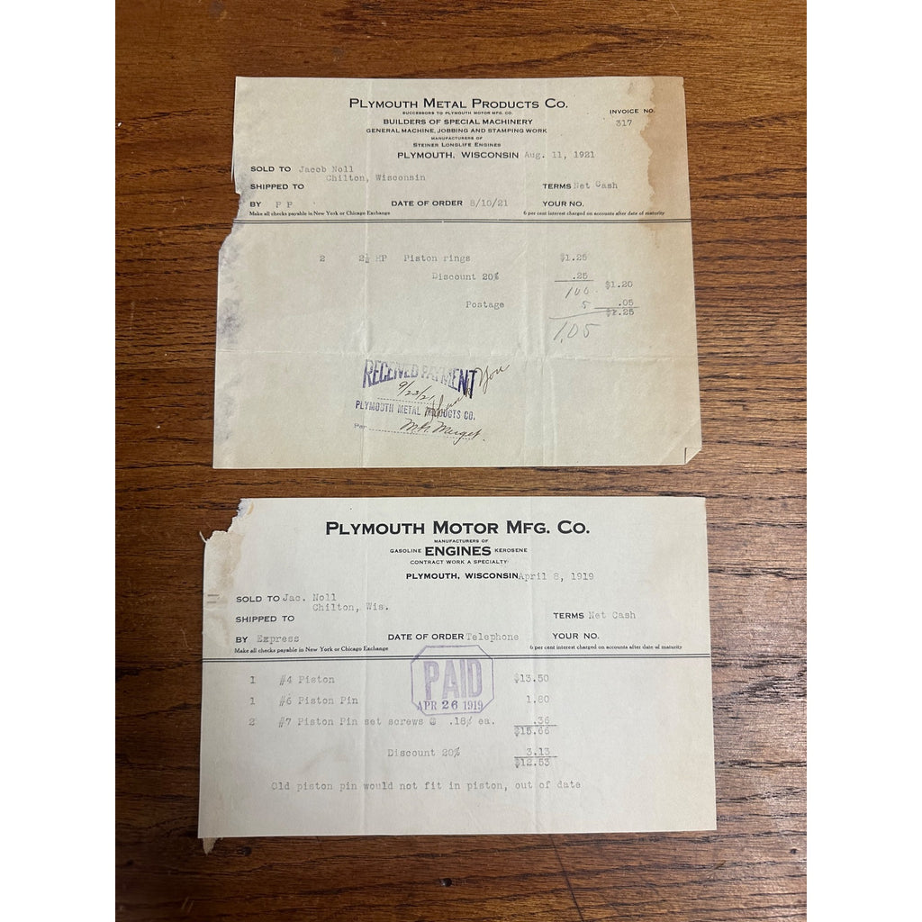 Plymouth Wisconsin Metal Motor MFG Co Motors Letterhead Invoice