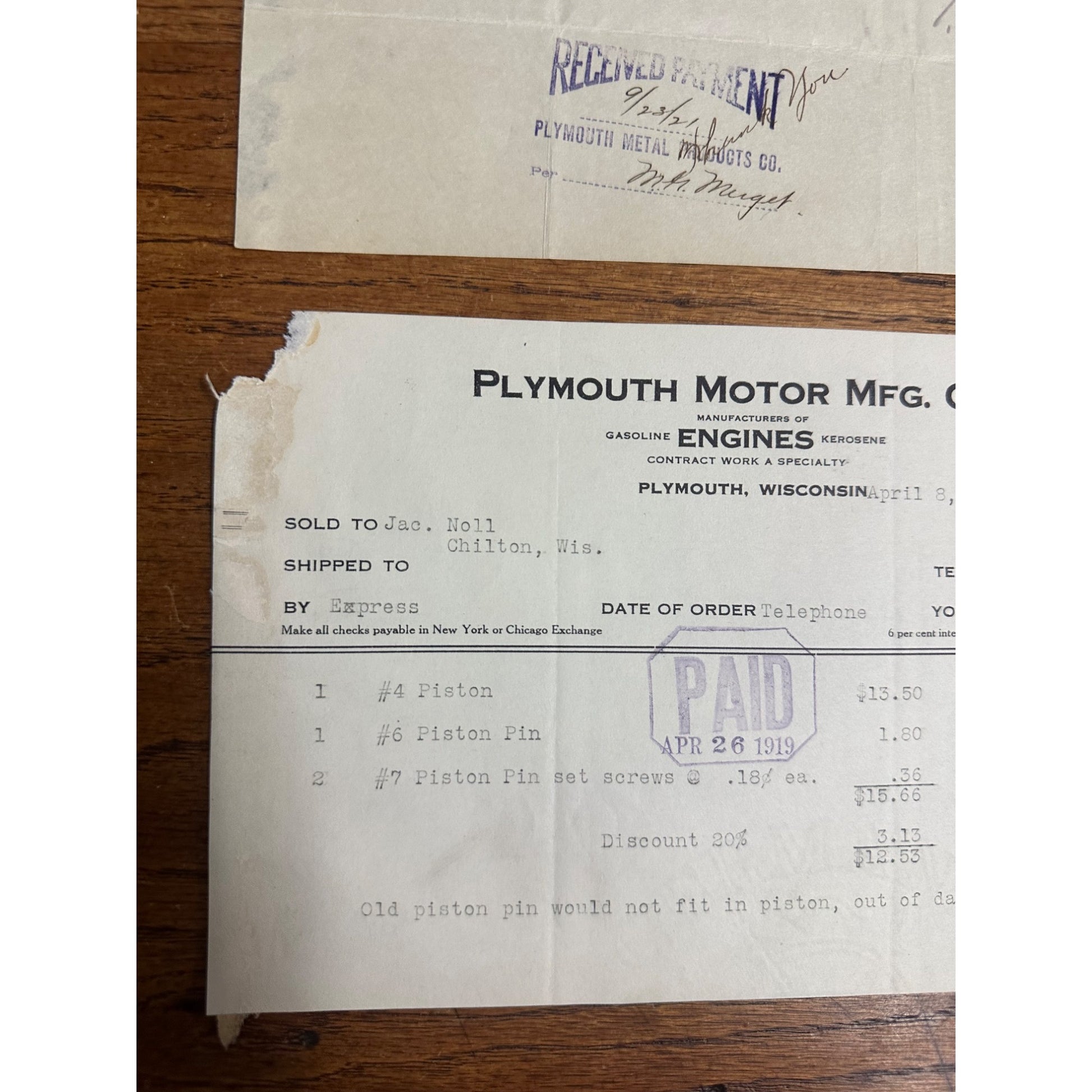 Plymouth Wisconsin Metal Motor MFG Co Motors Letterhead Invoice