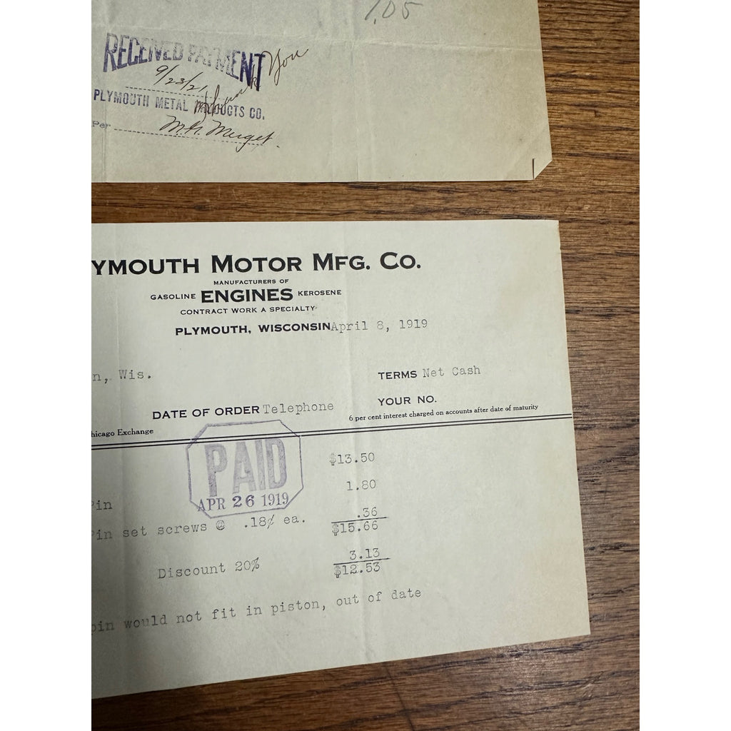 Plymouth Wisconsin Metal Motor MFG Co Motors Letterhead Invoice