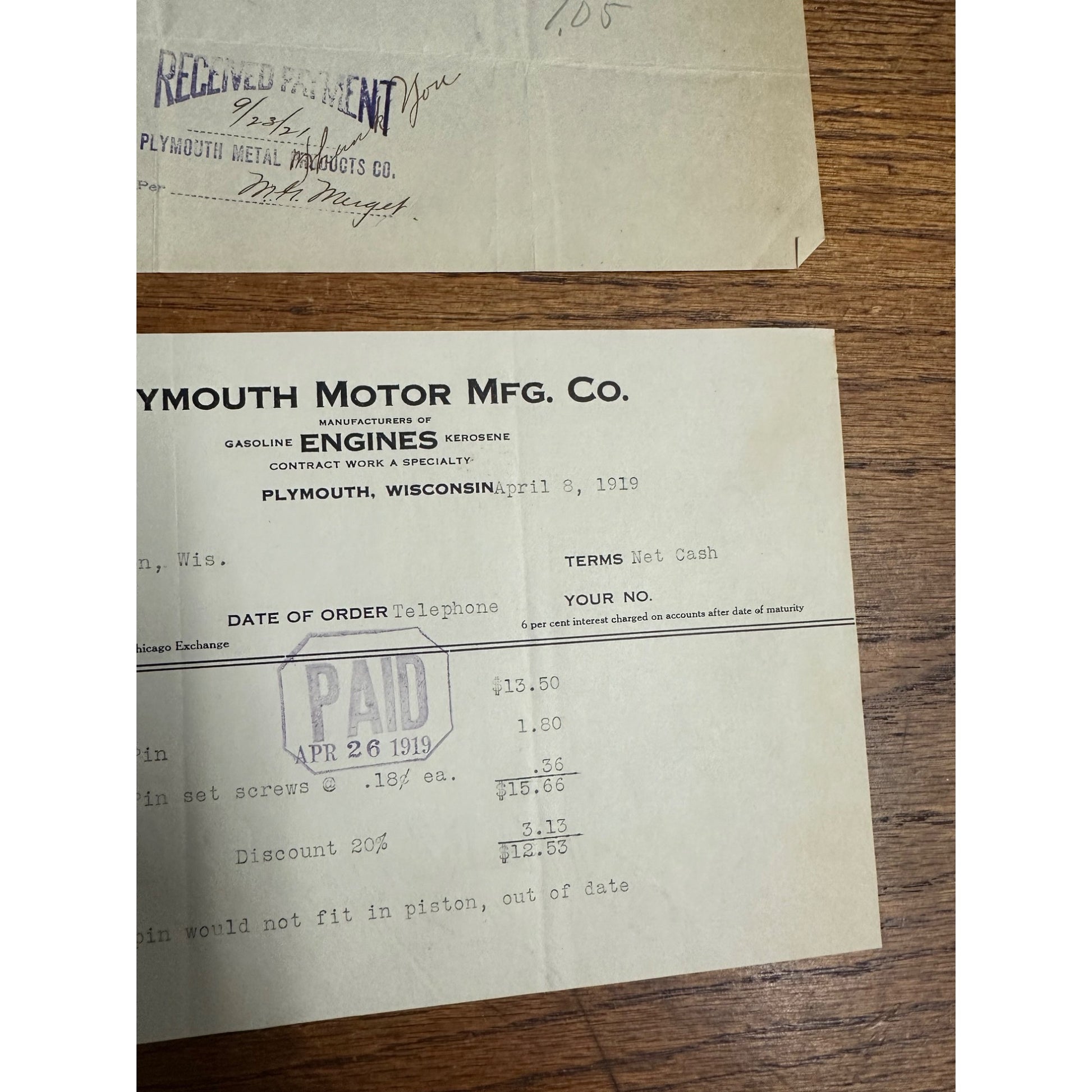 Plymouth Wisconsin Metal Motor MFG Co Motors Letterhead Invoice