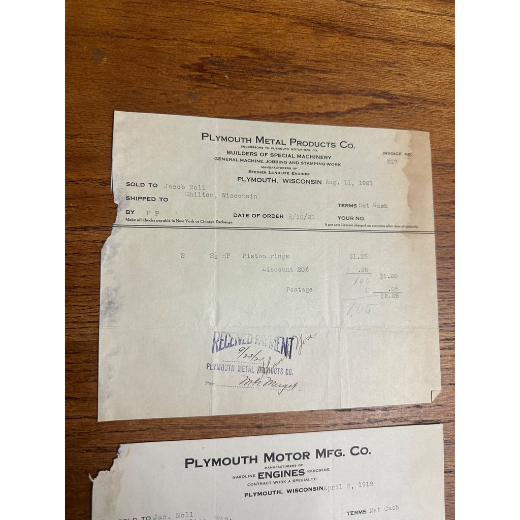 Plymouth Wisconsin Metal Motor MFG Co Motors Letterhead Invoice