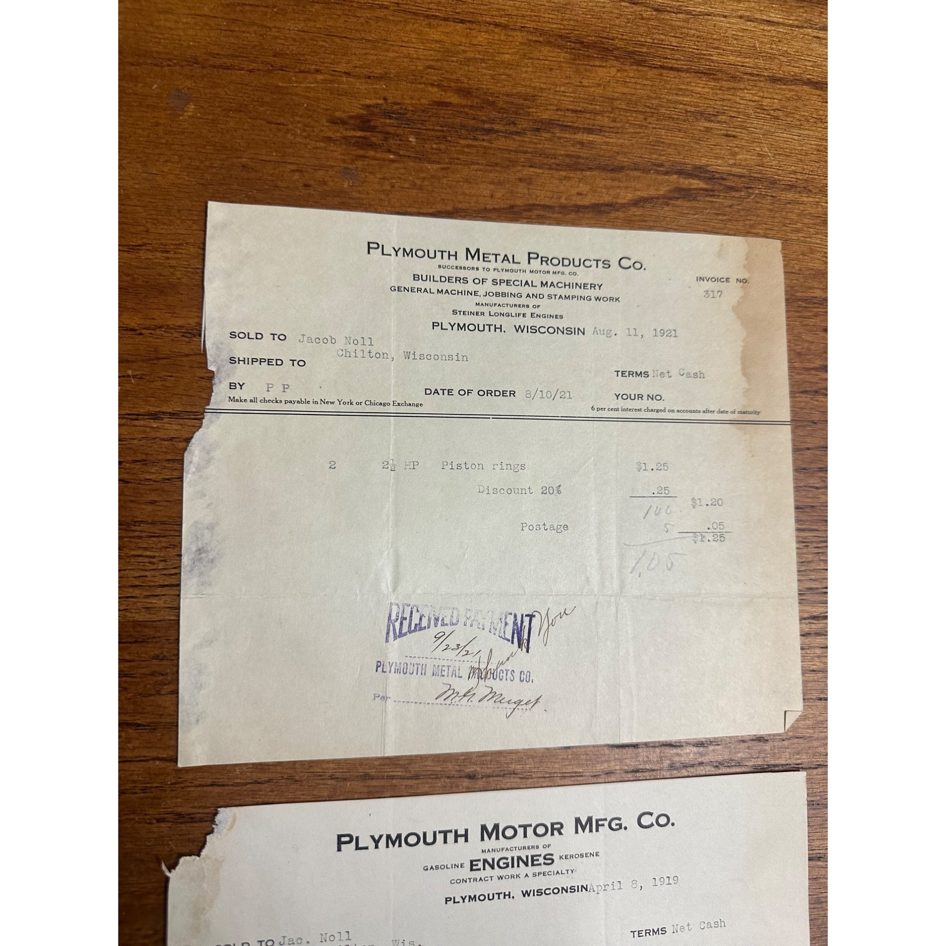 Plymouth Wisconsin Metal Motor MFG Co Motors Letterhead Invoice