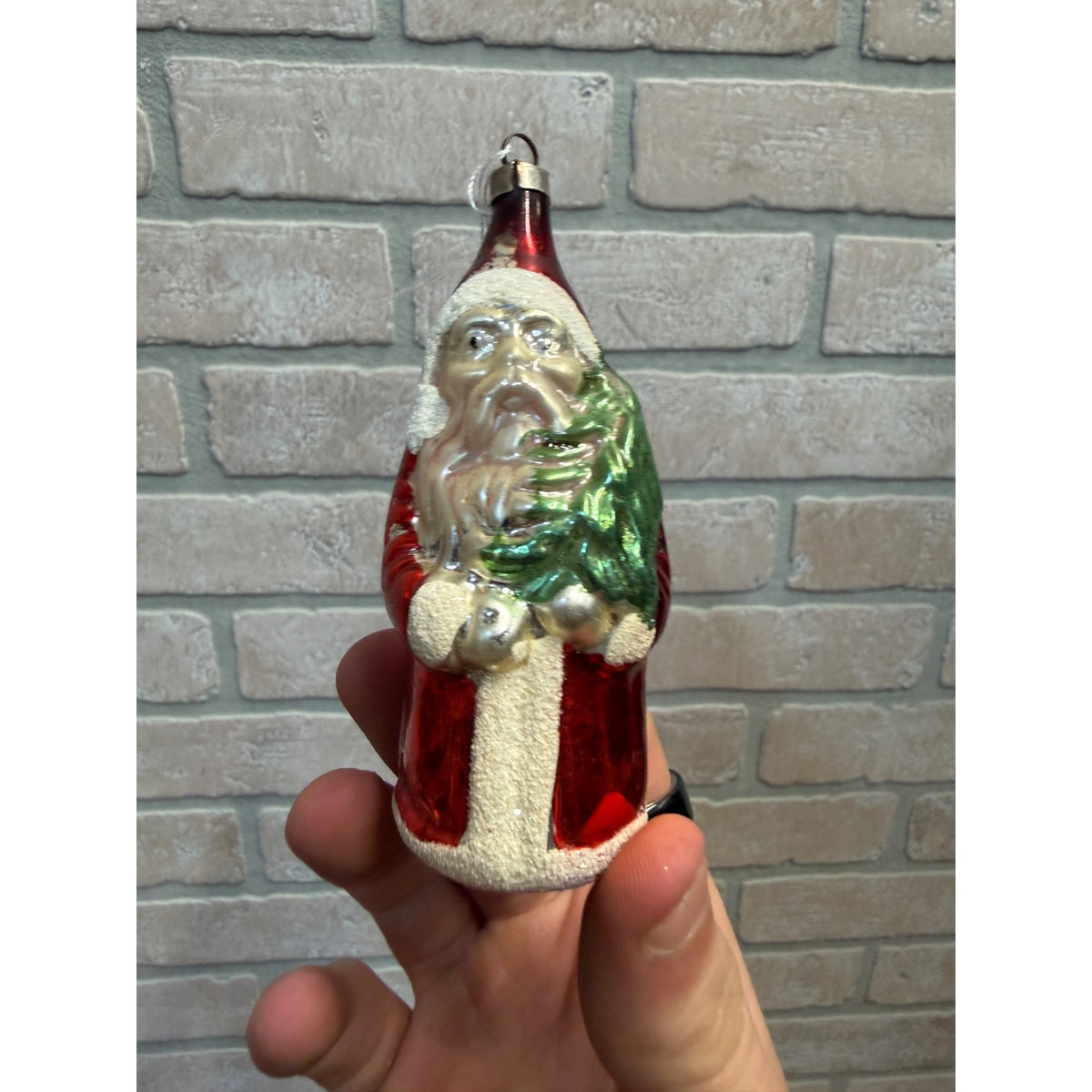 1960s Christmas Santa Claus Ornament Glass Holding Tree