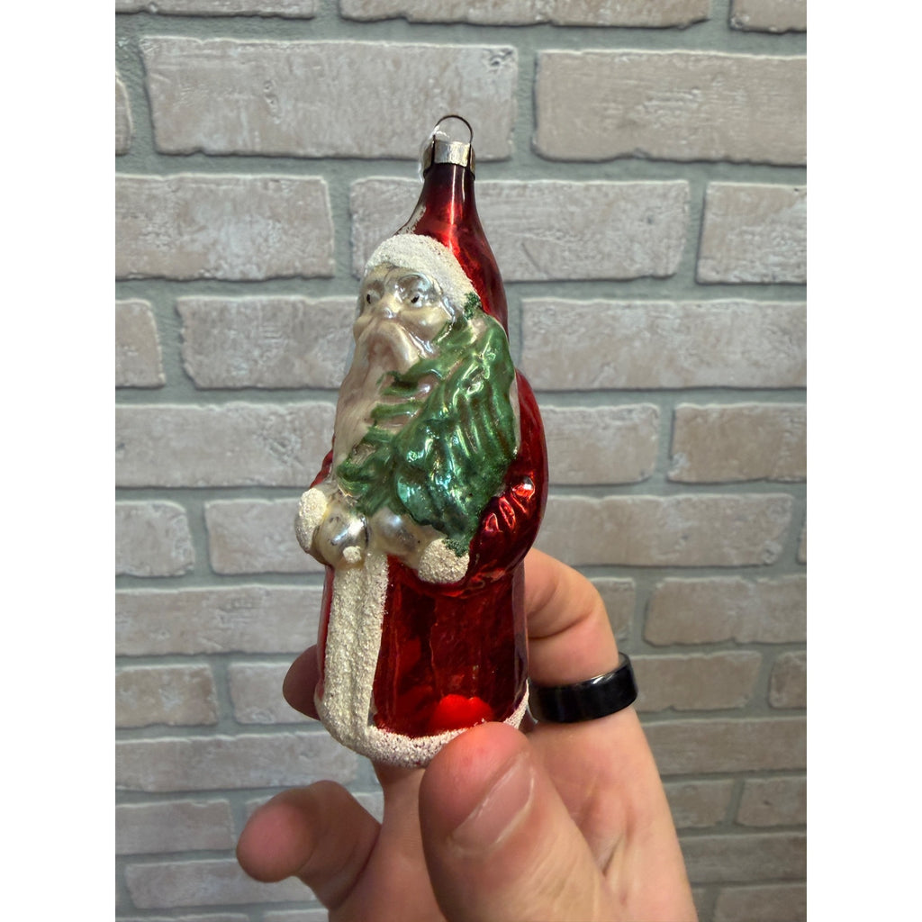 1960s Christmas Santa Claus Ornament Glass Holding Tree