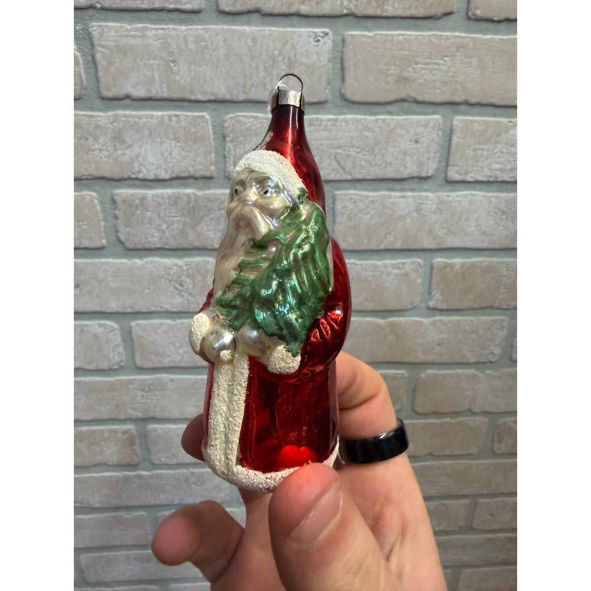 1960s Christmas Santa Claus Ornament Glass Holding Tree