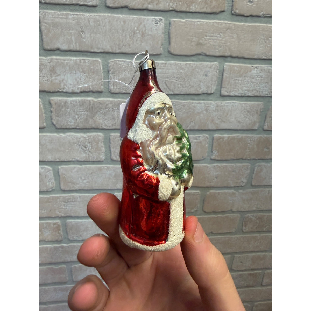 1960s Christmas Santa Claus Ornament Glass Holding Tree