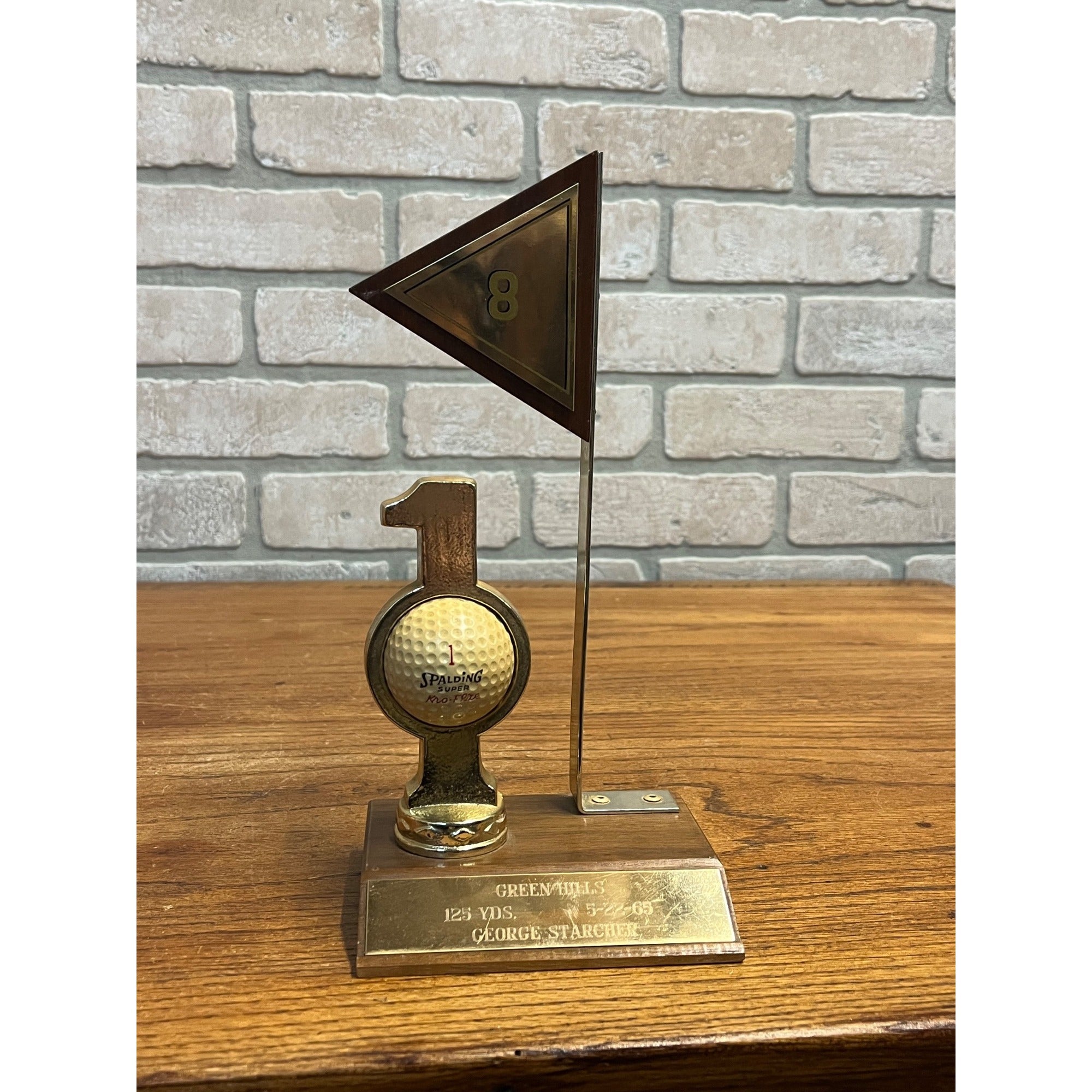 Vintage 1965 Spalding Hole In One Golf Ball Trophy Hole #8 Flag Wood Base