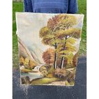 Vintage Original Oil on Canvas Landscape – Fall Trees, Mountain Lake, Waterfall & Rustic Cottage