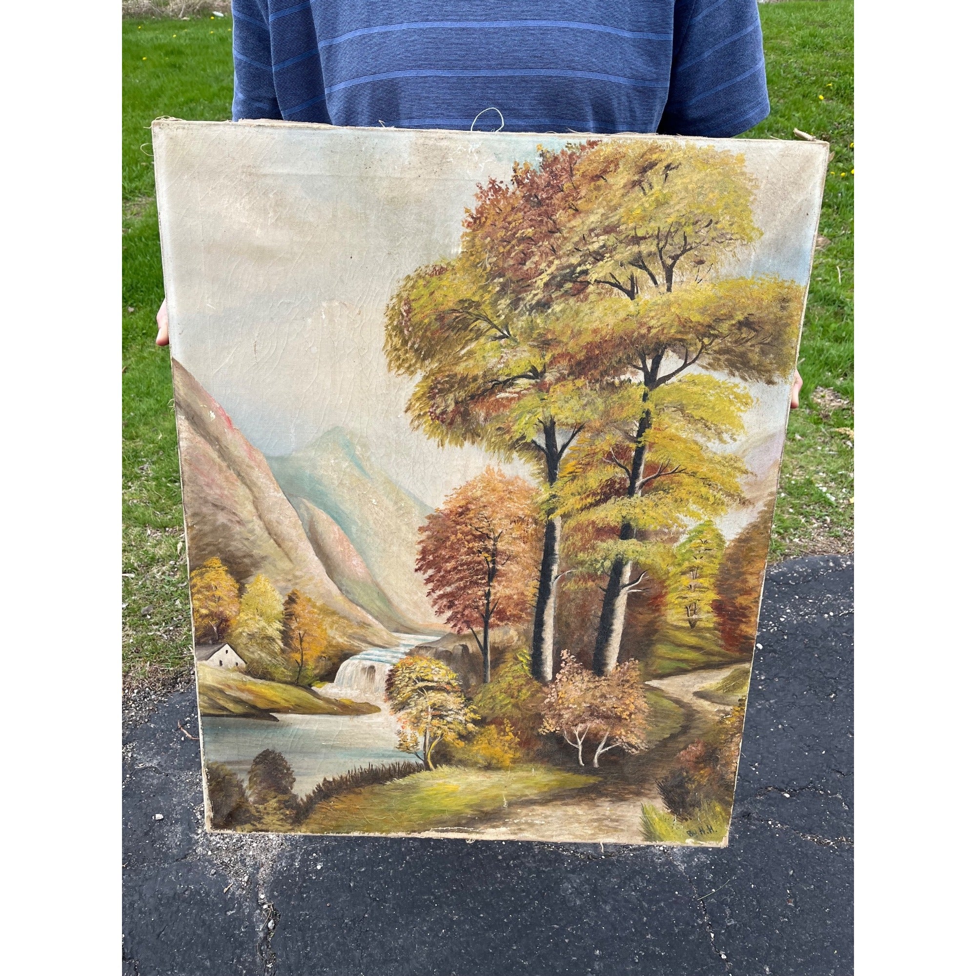 Vintage Original Oil on Canvas Landscape – Fall Trees, Mountain Lake, Waterfall & Rustic Cottage
