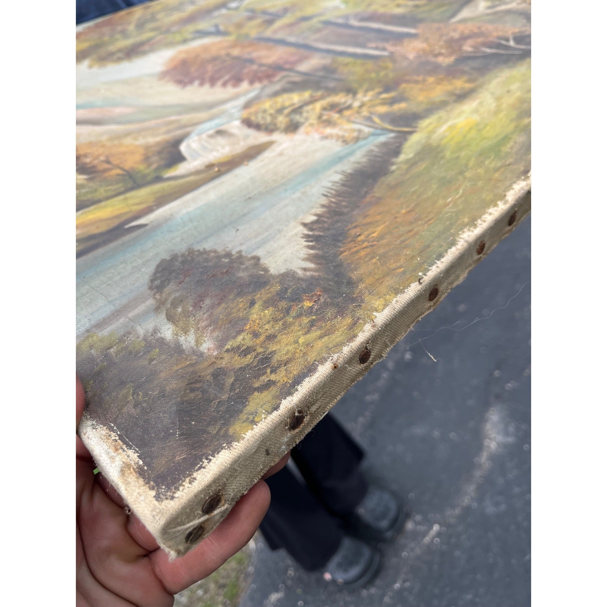 Vintage Original Oil on Canvas Landscape – Fall Trees, Mountain Lake, Waterfall & Rustic Cottage