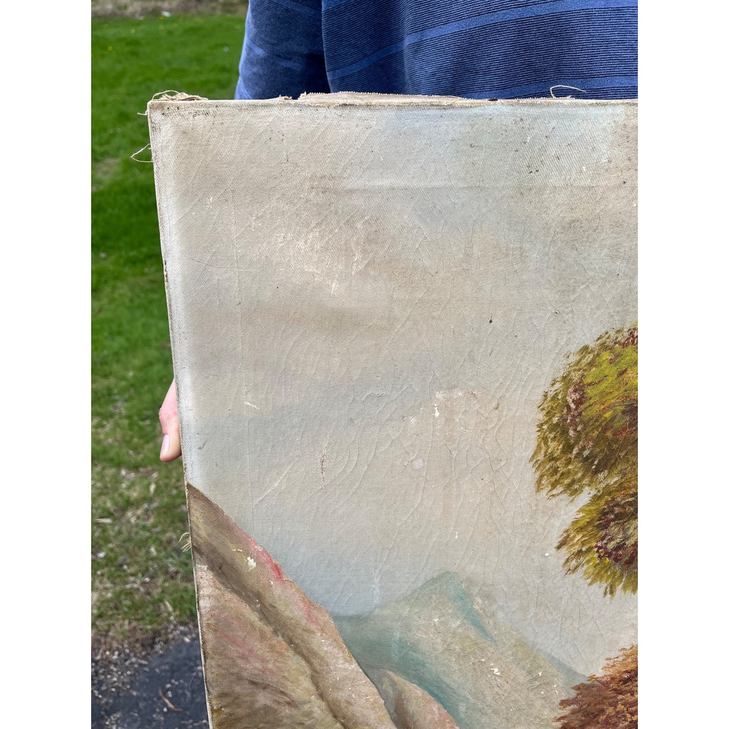 Vintage Original Oil on Canvas Landscape – Fall Trees, Mountain Lake, Waterfall & Rustic Cottage