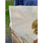 Vintage Original Oil on Canvas Landscape – Fall Trees, Mountain Lake, Waterfall & Rustic Cottage