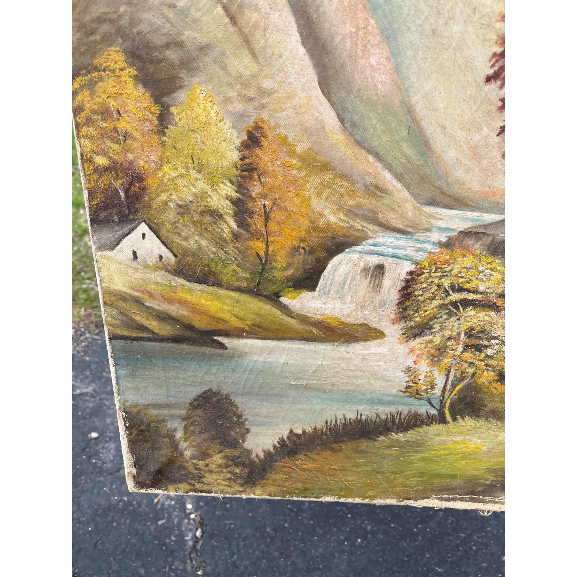 Vintage Original Oil on Canvas Landscape – Fall Trees, Mountain Lake, Waterfall & Rustic Cottage