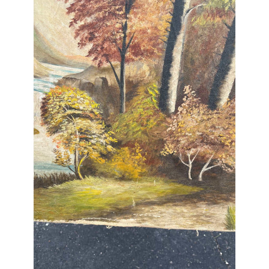 Vintage Original Oil on Canvas Landscape – Fall Trees, Mountain Lake, Waterfall & Rustic Cottage