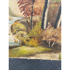 Vintage Original Oil on Canvas Landscape – Fall Trees, Mountain Lake, Waterfall & Rustic Cottage