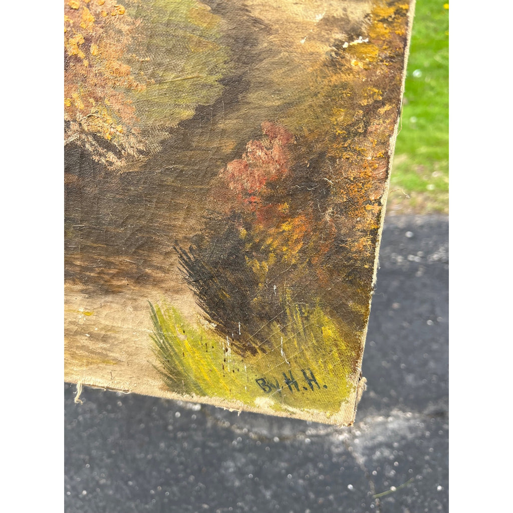 Vintage Original Oil on Canvas Landscape – Fall Trees, Mountain Lake, Waterfall & Rustic Cottage