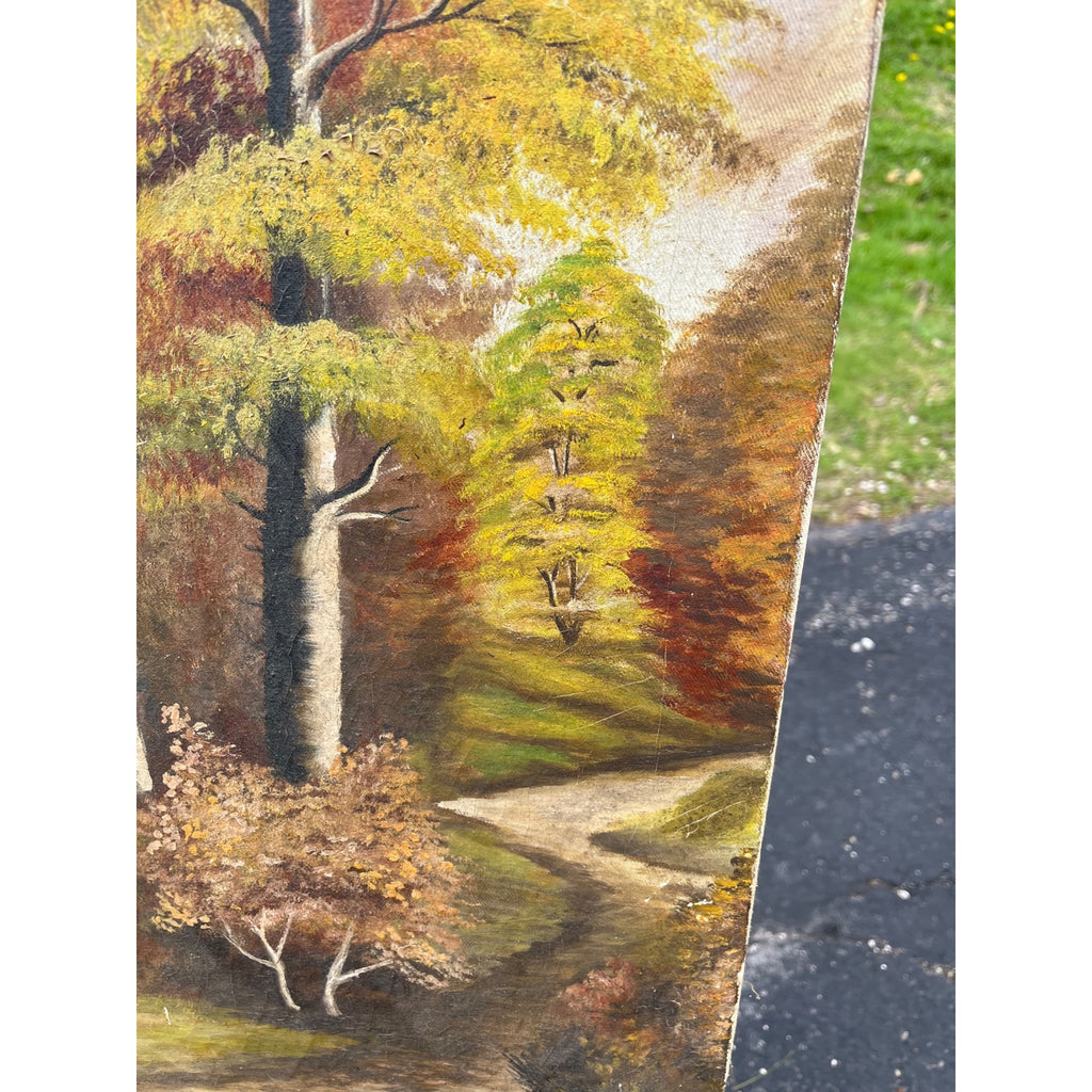 Vintage Original Oil on Canvas Landscape – Fall Trees, Mountain Lake, Waterfall & Rustic Cottage