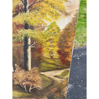 Vintage Original Oil on Canvas Landscape – Fall Trees, Mountain Lake, Waterfall & Rustic Cottage