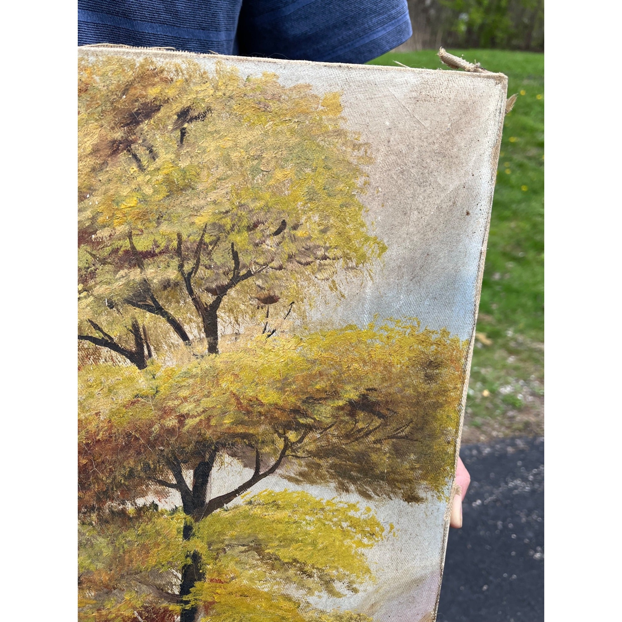 Vintage Original Oil on Canvas Landscape – Fall Trees, Mountain Lake, Waterfall & Rustic Cottage