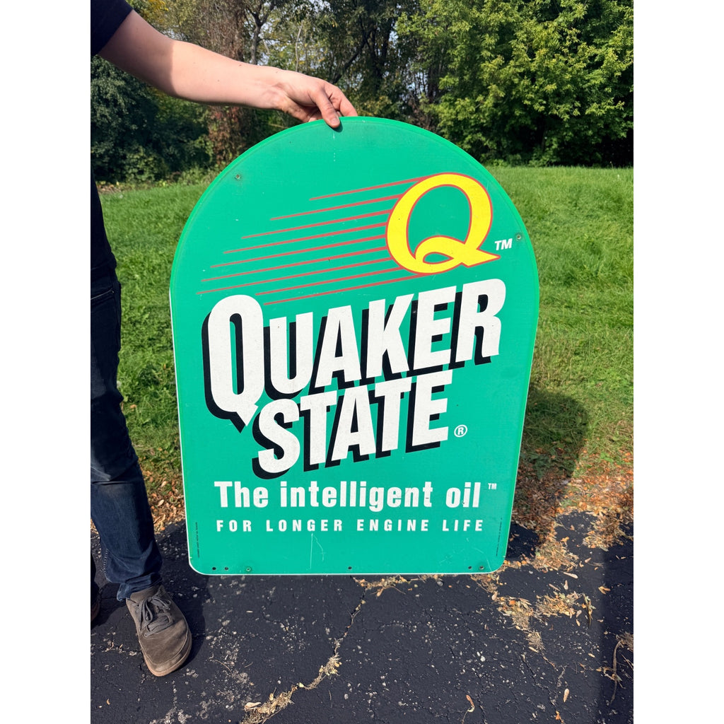 Vintage Quaker State Motor Oil Double-Sided Metal Tombstone Sign Advertising