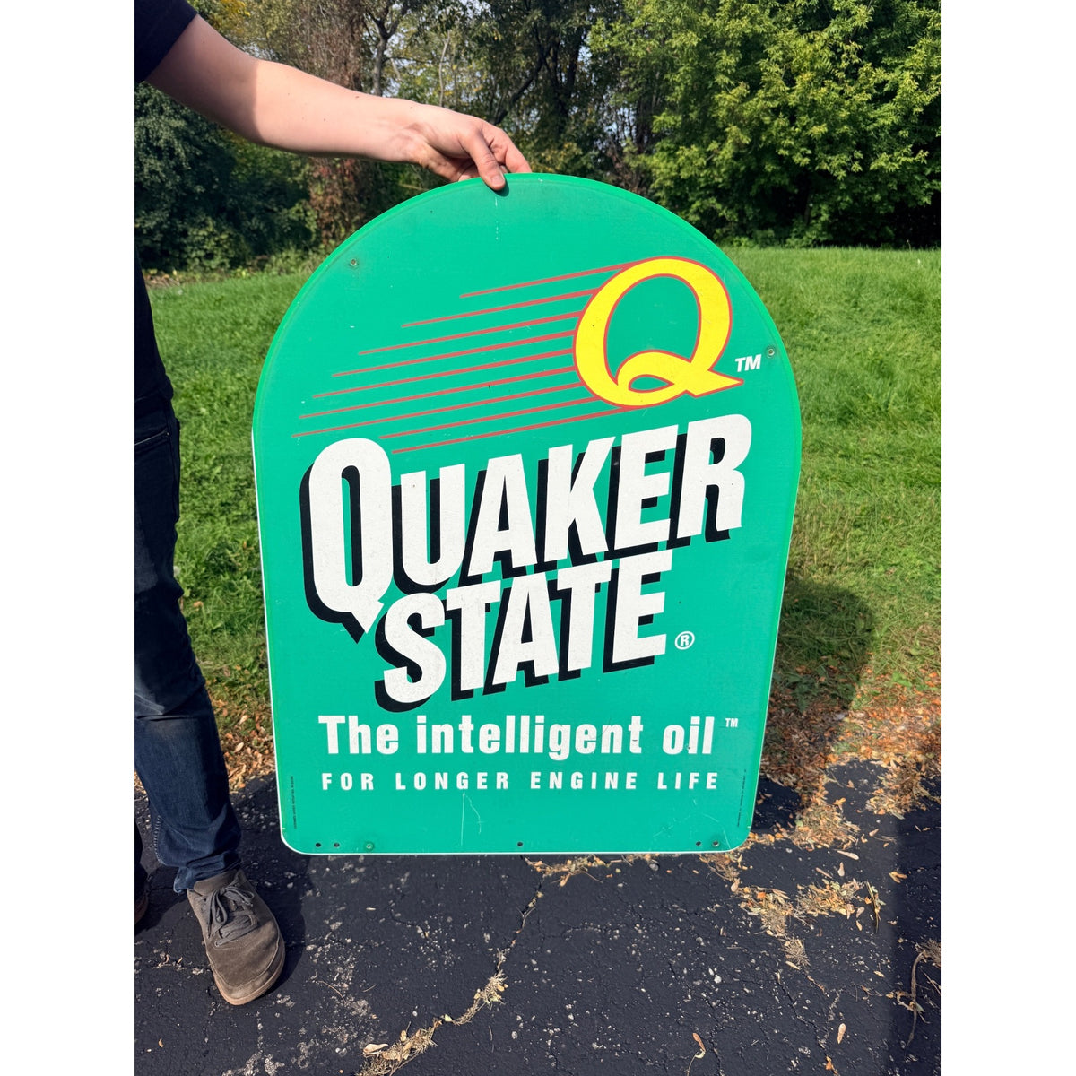 Vintage Quaker State Motor Oil Double-Sided Metal Tombstone Sign Advertising