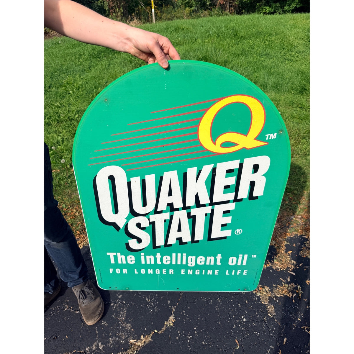 Vintage Quaker State Motor Oil Double-Sided Metal Tombstone Sign Advertising