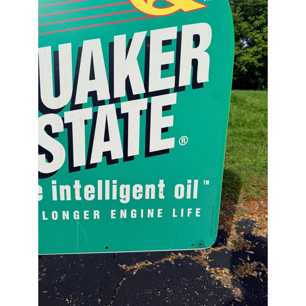 Vintage Quaker State Motor Oil Double-Sided Metal Tombstone Sign Advertising