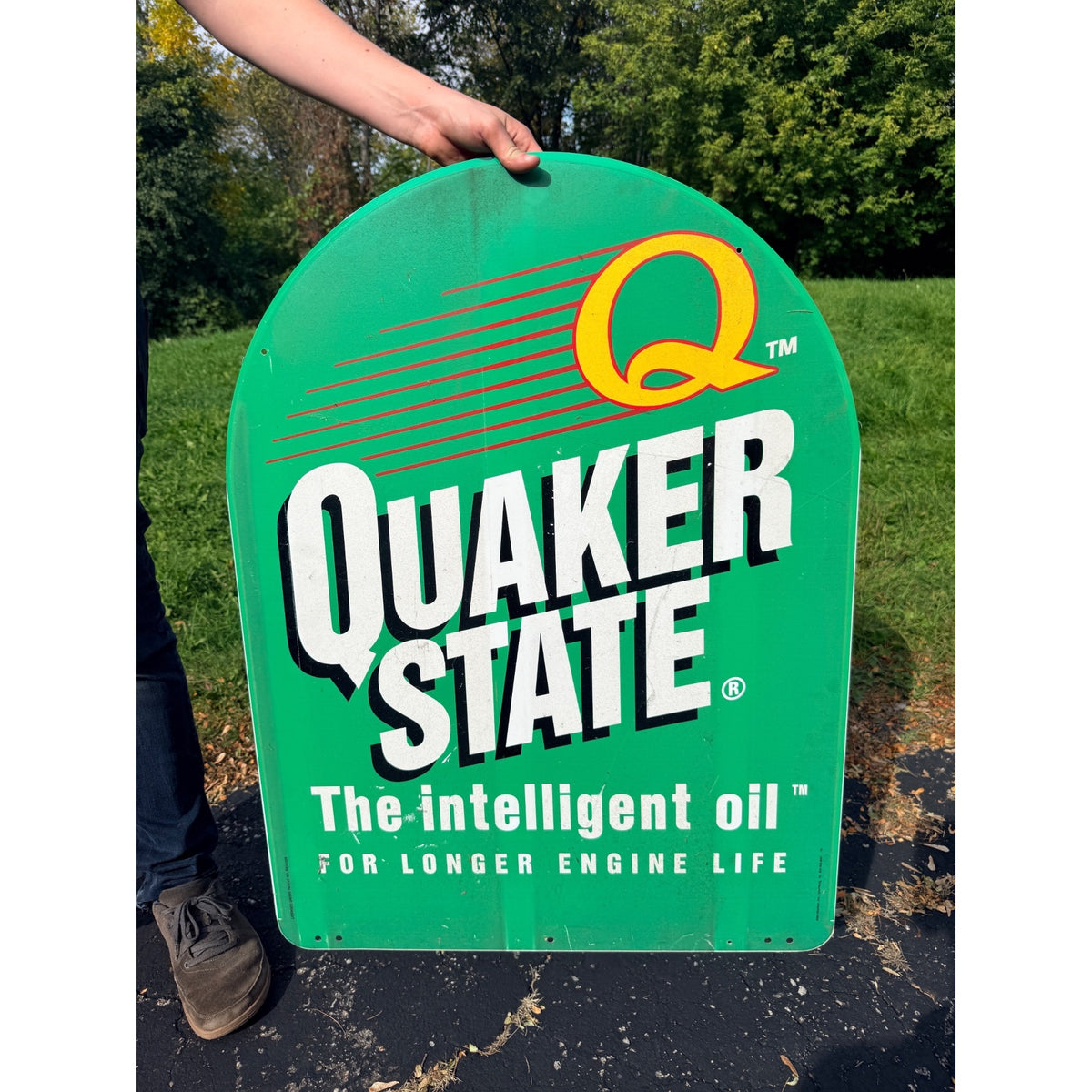 Vintage Quaker State Motor Oil Double-Sided Metal Tombstone Sign Advertising