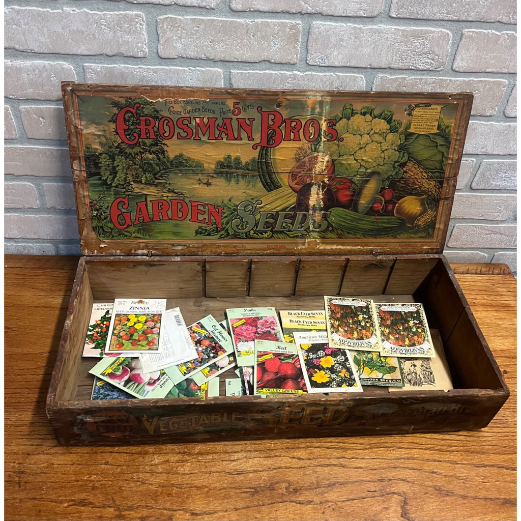 Original Antique Crosman Bros Garden Seeds Display Box Rochester, NY Flowers