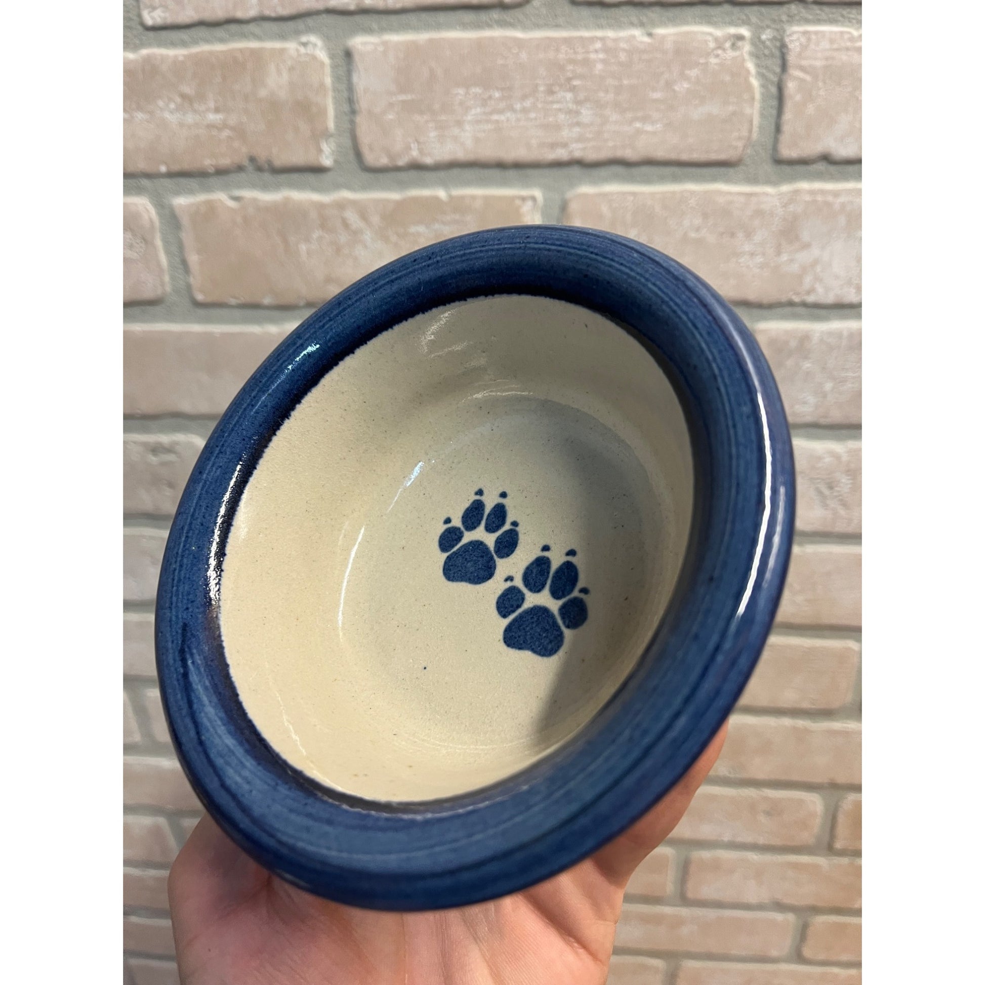 Brinker Pots 1994 Stoneware Dog Pet Bowl Gray Blue W/ Paw Prints