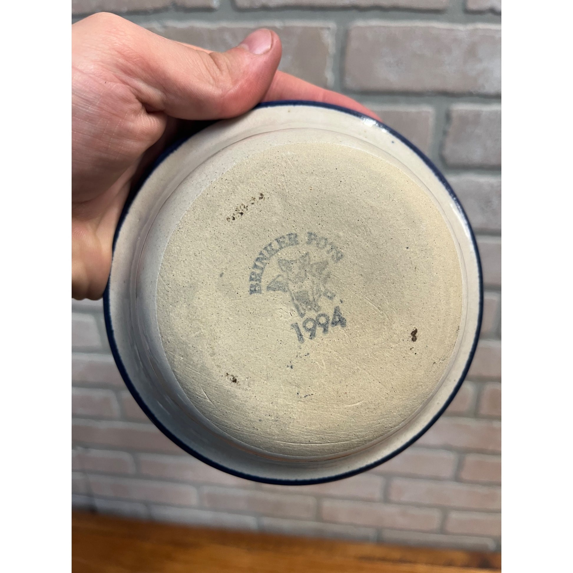 Brinker Pots 1994 Stoneware Dog Pet Bowl Gray Blue W/ Paw Prints