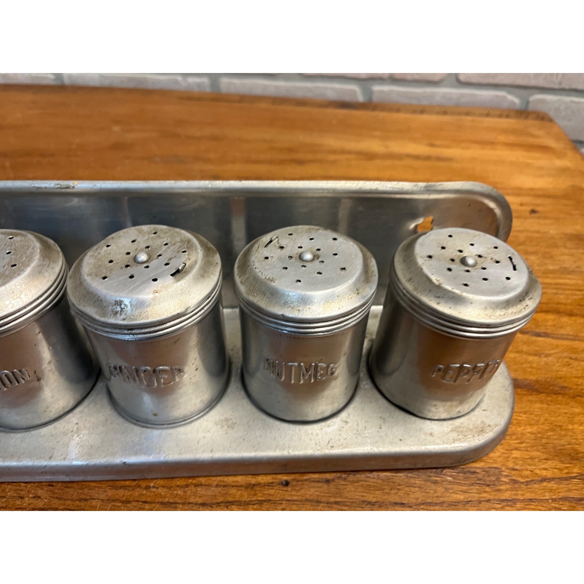 Vintage Aluminum Spice Jars & Rack Wall Mount 6 Shakers Canisters Farmhouse