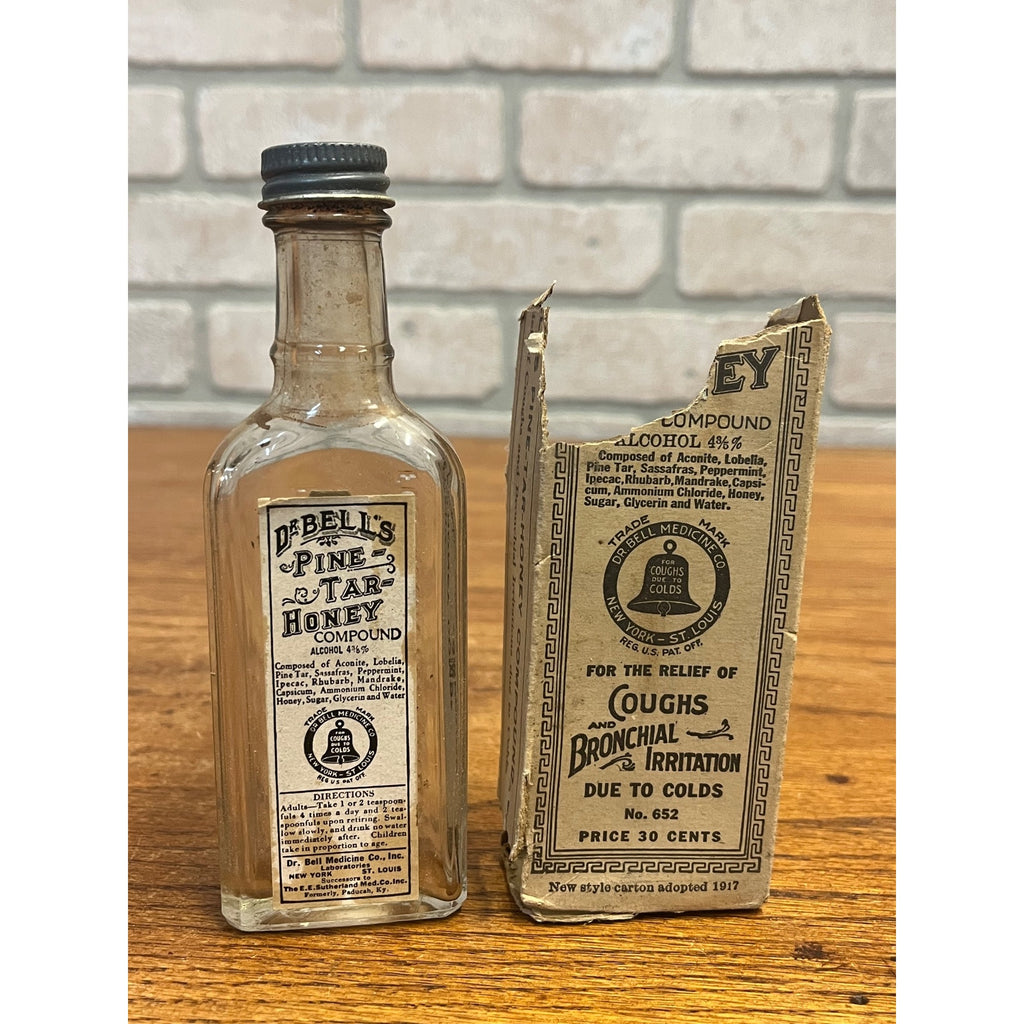 Antique 1920's Dr. Bell’s Pine Tar Honey Compound Medicine w/ Label & Box