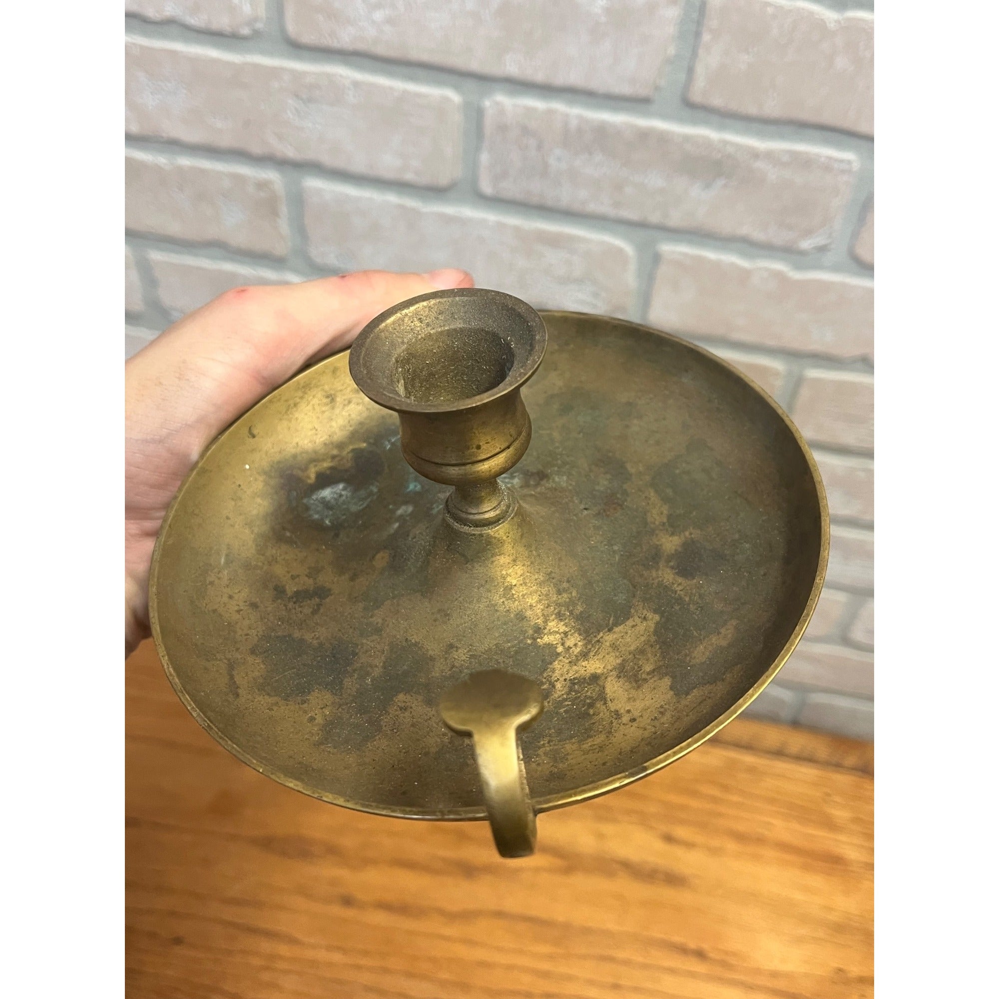 Antique Primitive Brass Candle Holder Finger Loop Farmhouse Country Colonial Decor