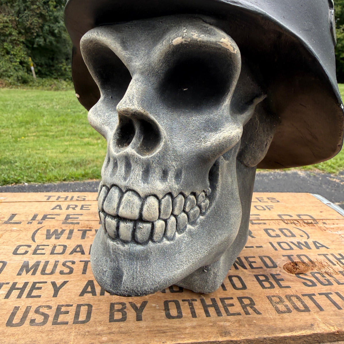 Vintage Chalkware Skull WWII Military German Helmet Rare