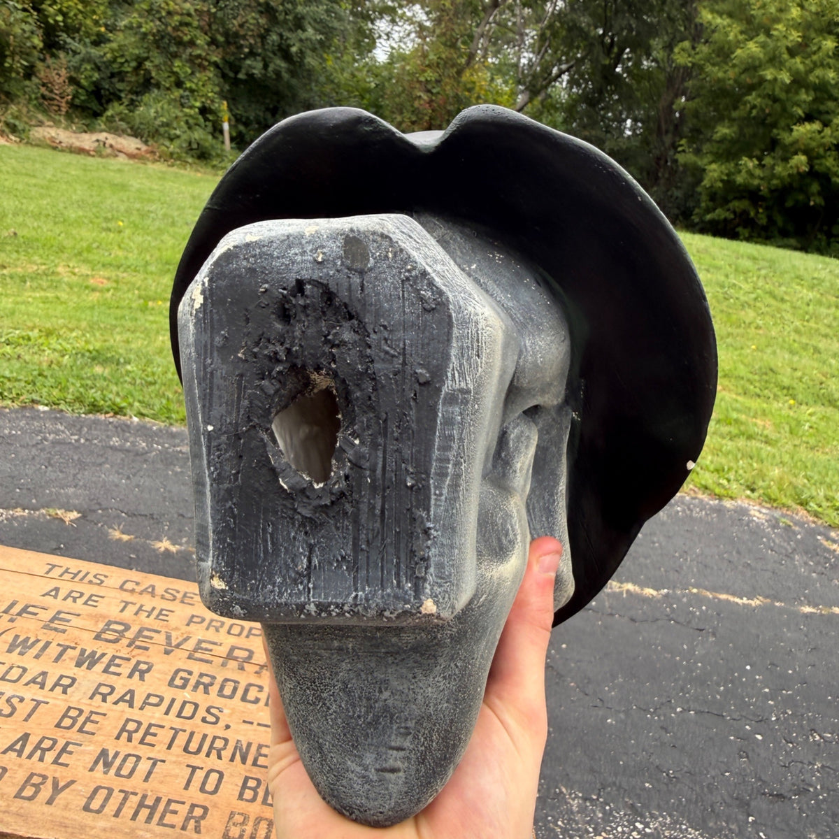 Vintage Chalkware Skull WWII Military German Helmet Rare