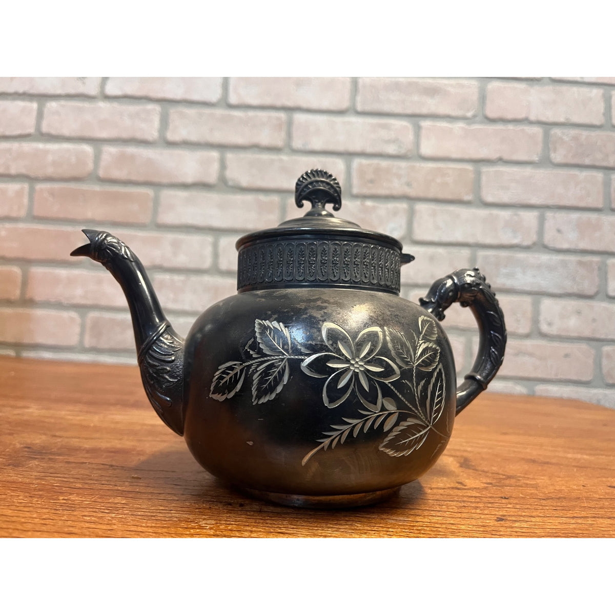 Vintage United States Silver Co Quadruple Plated Tea Pot Silver Plated Etched Floral
