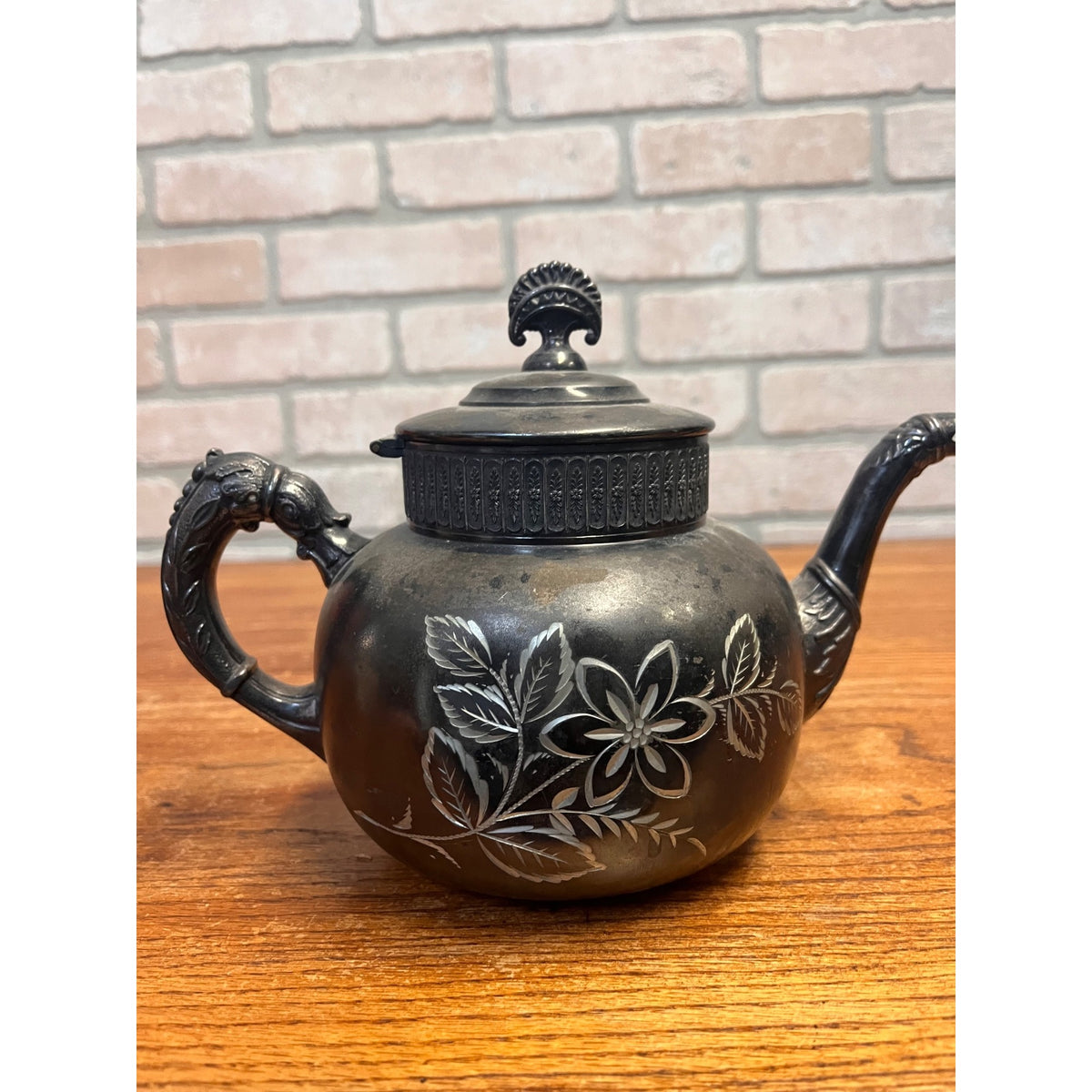 Vintage United States Silver Co Quadruple Plated Tea Pot Silver Plated Etched Floral